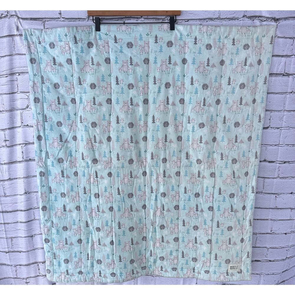 Handmade Toddler Sized Flannel Quilted Blanket 43"x39" Bears Forest Polka Dots